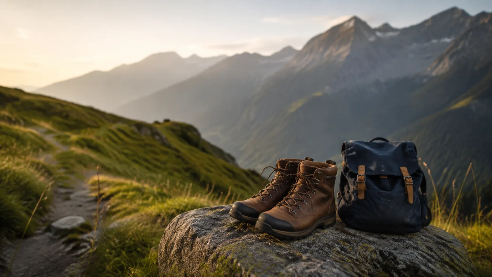 Wanderschuhe und Rucksack neben einem Bergpfad