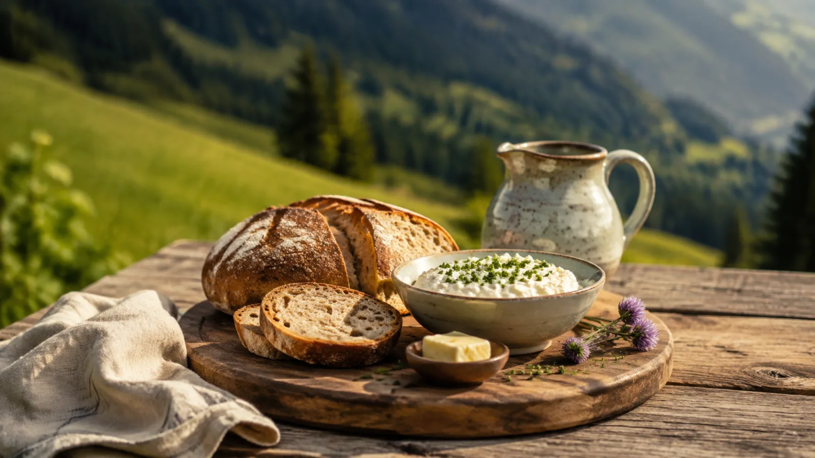 Bauernbrot und Kräuterfrischkäse auf einem Holztisch