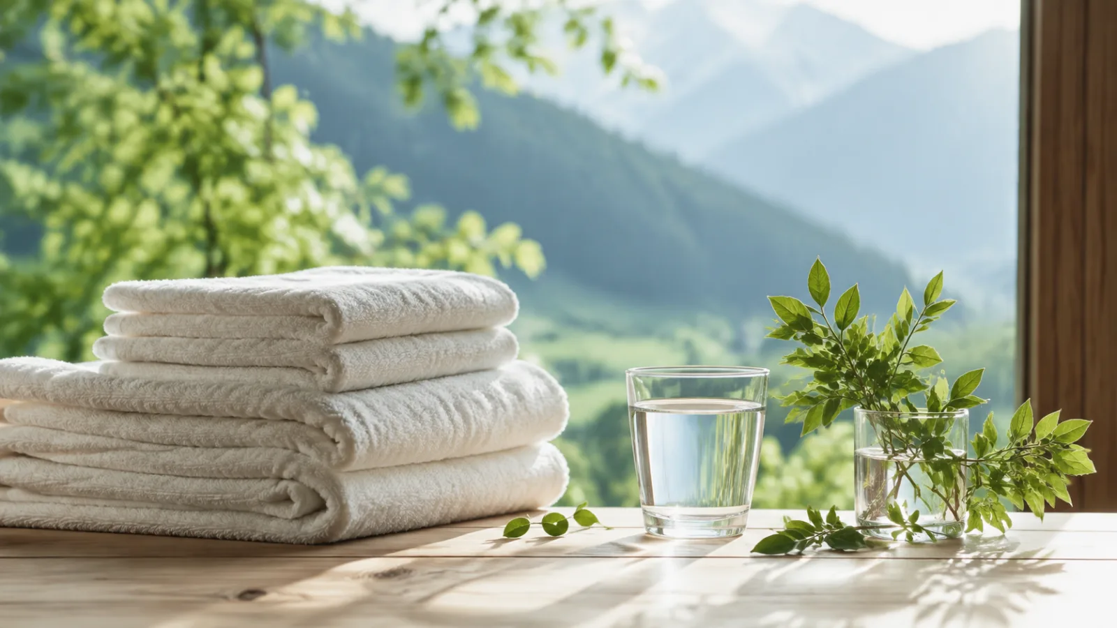 Weiße Handtücher, Wasserglas und grüne Zweige