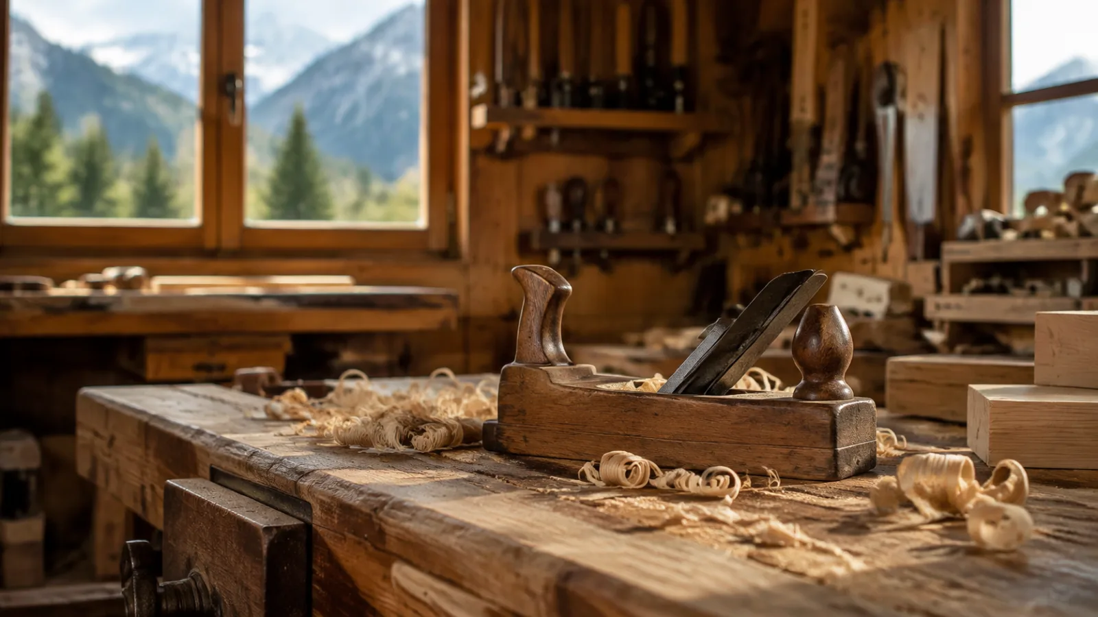 Hobel und Holzspäne auf einer Werkbank